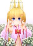  4ra8_(shiraha) :3 animal_ears armpits arms_up bell blonde_hair blue_eyes commentary detached_sleeves flower fox_ears fox_tail hair_ornament hairclip highres jingle_bell kemomimi_oukoku_kokuei_housou long_hair mikoko_(kemomimi_oukoku_kokuei_housou) navel open_clothes open_shirt pink_shirt shadow_puppet shirt smile solo tail twintails upper_body virtual_youtuber 