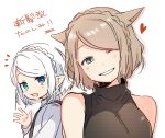  :d animal_ears bare_shoulders black_shirt blue_eyes blush braid breasts cat_ears commentary_request final_fantasy final_fantasy_xiv green_eyes half-closed_eye hand_up heart heterochromia highres lalafell light_brown_hair long_sleeves medium_breasts miqo'te multiple_girls notice_lines one_eye_closed open_mouth parted_lips pointy_ears shirt short_hair simple_background sleeveless sleeveless_shirt smile sofra translation_request white_background white_hair white_shirt 