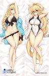  armpits arms_behind_head bare_legs bed_sheet bikini bikini_pull black-framed_eyewear black_bikini blonde_hair blue_eyes blue_jacket blush braid breasts competition_swimsuit covered_navel dakimakura eyebrows_visible_through_hair fate/grand_order fate_(series) front-tie_bikini front-tie_top full_body glasses hair_ribbon hairband highres hood hooded_jacket jacket jeanne_d'arc_(fate)_(all) jeanne_d'arc_(swimsuit_archer) large_breasts long_hair looking_at_viewer navel one-piece_swimsuit open_mouth ponytail ribbon single_braid swimsuit tony_guisado watermark web_address whistle white_swimsuit 