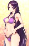  1girl armpits bangs blush bow breasts cleavage collarbone commentary_request cowboy_shot erect_nipples eyebrows_visible_through_hair fate/grand_order fate_(series) hair_between_eyes hair_over_shoulder holding large_breasts lingerie long_hair looking_at_viewer medium_breasts minamoto_no_raikou_(fate/grand_order) navel open_mouth panties panty_pull purple_eyes purple_hair simple_background solo standing underwear underwear_only very_long_hair zucchini 