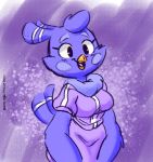  2018 avian bird breasts clothed clothing digital_media_(artwork) feathers female hi_res joaoppereiraus melissa_morgan portrait purple_feathers smile solo super_planet_dolan 
