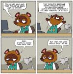 animal_crossing anthro canine clothed clothing comic desk english_text humor male mammal necktie nintendo shenanimation solo speech_bubble sweater tanuki text tom_nook_(animal_crossing) video_games 