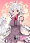  ahoge bangs blush bow breasts brooch closed_mouth commentary_request dress eyebrows_visible_through_hair feathered_wings fingernails grey_hair grey_wings hair_between_eyes jacket jewelry kishin_sagume large_breasts long_sleeves milkpanda outstretched_arm pink_background purple_dress red_bow red_eyes single_wing solo touhou translation_request white_jacket wide_sleeves wings 