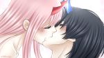  1girl bangs black_hair blue_horns blush closed_eyes commentary couple darling_in_the_franxx english_commentary face-to-face facing_another forehead-to-forehead hetero hiro_(darling_in_the_franxx) horns kiss long_hair oni_horns pink_hair red_horns shirtless signature xwaterice zero_two_(darling_in_the_franxx) 