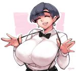  artist_name bow bowtie breasts character_request closed_eyes earrings eyebrows_visible_through_hair formal happy huge_breasts jewelry open_mouth round_teeth signature smile solo suspenders teeth thick_eyebrows zako_(arvinry) 
