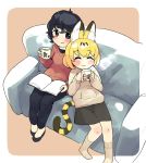  alternate_costume animal_ears black_hair blonde_hair blue_eyes blush book casual closed_eyes commentary_request contemporary couch cuddling cup eyebrows_visible_through_hair flats highres holding holding_cup hood hoodie initsukkii kaban_(kemono_friends) kemono_friends long_sleeves mug multicolored_hair multiple_girls pants serval_(kemono_friends) serval_ears serval_print serval_tail short_hair sitting skirt smile socks sweater tail 