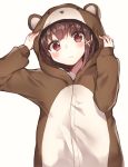  bear_hood blush brown_eyes brown_hair closed_mouth commentary_request eyebrows_visible_through_hair frown hair_ornament head_tilt highres iwakura_lain koretsuna long_sleeves looking_at_viewer pajamas serial_experiments_lain short_hair simple_background solo standing upper_body white_background x_hair_ornament 