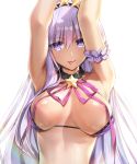  :p armpits arms_up bangs bare_shoulders bb_(fate)_(all) bb_(swimsuit_mooncancer)_(fate) bikini black_choker black_hairband breasts breasts_apart choker collarbone commentary_request eyebrows_visible_through_hair fate/grand_order fate_(series) hair_between_eyes hair_ornament hairband highres large_breasts long_hair neck_ribbon parted_lips pink_ribbon purple_bikini purple_eyes purple_hair ribbon simple_background smile solo star star_hair_ornament swimsuit tan tongue tongue_out very_long_hair white_background youta 