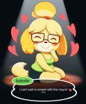  &lt;3 2018 ^_^ animal_crossing anthro blonde_hair blush blush_sticker breasts bunnyonthefence canine clothed clothing dialogue dipstick_tail dog english_text eyes_closed eyewear female fur glasses hair isabelle_(animal_crossing) long_ears mammal multicolored_tail nikkibunn nintendo shirt short_hair short_stack smile solo spotlight suggestive tank_top text text_box video_games white_fur yellow_fur 