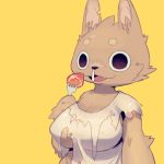  anthro big_breasts black_eyes breasts cleavage clothed clothing feline female food fork fruit goo_(razy) mammal no_underwear open_mouth razy signature simple_background slightly_chubby snot solo strawberry torn_clothing 