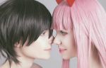  1boy 1girl bangs black_hair blue_eyes cosplay couple darling_in_the_franxx face-to-face facing_another forehead-to-forehead green_eyes hetero hiro_(darling_in_the_franxx) hiro_(darling_in_the_franxx)_(cosplay) horns long_hair looking_at_another oni_horns pink_hair red_horns shirtless zero_two_(darling_in_the_franxx) zero_two_(darling_in_the_franxx)_(cosplay) 