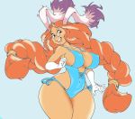  :d animal_ears armpits ass bare_arms bare_shoulders blue_swimsuit blush braid breasts breath_of_fire breath_of_fire_iii bunny_ears collarbone colorized covered_nipples cross-laced_clothes curvy glasses hair_ornament highres hips jewelry large_breasts long_hair looking_at_viewer momo_(breath_of_fire) navel nipples open_mouth plump red_eyes red_hair ribbon sketch smile solo standing swimsuit teeth twin_braids twintails very_long_hair 