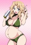  1girl :d bikini blonde_hair blue_eyes blush breasts eyebrows_visible_through_hair girls_und_panzer green_bikini index_finger_raised kay_(girls_und_panzer) large_breasts looking_at_viewer nakahira_guy navel o-ring o-ring_bikini open_mouth pink_background polka_dot polka_dot_background pregnant short_hair smile solo swimsuit 