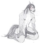  2018 andalusian animal_genitalia animal_penis anthro balls biped black_penis blue_eyes blush digital_media_(artwork) dripping equine equine_penis erection furikake hair hooves horse jericho_(ulfhednar) kneeling long_hair male mammal mane muscular nipples nude penis precum simple_background solo sweat 