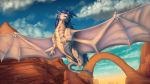  2018 blue_hair claws day detailed_background digital_media_(artwork) dragon feral flying hair horn jackrow membranous_wings open_mouth outside sky solo teeth wings 