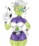  1girl alien armor breasts chirai cleavage curvy dragon_ball dragon_ball_super dragon_ball_super_broly female gloves green_eyes green_skin gun hips large_breasts purple_eyes scouter smile solo weapon white_hair 