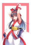  ainu_clothes arms_up bangs black_hair blue_eyes bow c.r. eyebrows_visible_through_hair hair_bow hairband long_hair looking_at_viewer nakoruru open_mouth red_bow red_hairband samurai_spirits short_sleeves solo straight_hair 