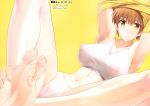  abs absurdres armpits arms_up barefoot breasts brown_hair fate/grand_order fate/stay_night fate_(series) feet fujimura_taiga greek_toe highres huge_filesize large_breasts legs looking_at_viewer naturalton panties red_hair scan see-through soles sweat toenails toes toned translation_request underwear yellow_eyes 
