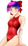  absurdres bow commentary_request competition_swimsuit covered_navel covered_nipples cowboy_shot gegege_no_kitarou hair_bow highres nanao_futaba nekomusume nekomusume_(gegege_no_kitarou_6) one-piece_swimsuit pointy_ears purple_hair red_bow red_swimsuit shirt short_hair simple_background sitting solo swimsuit white_background white_shirt yellow_eyes 