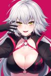  :d ahoge bangs bikini black_bikini black_choker black_gloves black_jacket blush breasts choker cleavage collarbone commentary_request cropped_jacket eyebrows_visible_through_hair fate/grand_order fate_(series) gloves hair_between_eyes high_collar highres jacket jeanne_d'arc_(alter_swimsuit_berserker) jeanne_d'arc_(fate)_(all) large_breasts long_hair looking_at_viewer neko-san_(dim.dream) o-ring o-ring_bikini o-ring_top open_mouth shiny shrug_(clothing) silver_hair smile sparkle swimsuit yellow_eyes 