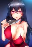  ahoge arm_behind_back armpit_crease azur_lane bangs bare_shoulders black_hair blush breasts choker cleavage cocktail_dress collarbone commentary_request crossed_bangs dress eyebrows_visible_through_hair hair_between_eyes hair_in_mouth hair_ornament half-closed_eyes holding holding_knife huge_breasts kitchen_knife knife large_breasts long_hair looking_at_viewer open_mouth red_choker red_dress red_eyes sidelocks silly_(marinkomoe) solo taihou_(azur_lane) thighs very_long_hair 