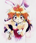  90s animal_ears araizumi_rui bare_shoulders bow bowtie breasts bunny_day bunny_ears bunny_girl bunnysuit cleavage commentary_request detached_collar earrings eyebrows eyebrows_visible_through_hair fake_animal_ears hand_on_hip highres jewelry leaning_forward leotard lina_inverse lips long_hair orange_eyes orange_hair pantyhose red_leotard slayers solo strapless strapless_leotard texture white_legwear wrist_cuffs 
