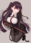  bangs between_legs black_footwear black_legwear black_skirt blazer blush breasts bullpup collared_shirt commentary_request eyebrows_visible_through_hair girls_frontline gloves gun hair_ribbon half_updo hand_between_legs head_tilt highres holding holding_gun holding_weapon jacket large_breasts long_hair looking_at_viewer mentai_mayo necktie one_side_up open_mouth pantyhose purple_hair red_eyes red_neckwear red_ribbon ribbon rifle shirt shoes simple_background skirt sniper_rifle solo striped striped_shirt trigger_discipline tsundere tsurime very_long_hair wa2000_(girls_frontline) walther walther_wa_2000 weapon white_shirt 