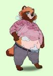  2018 anthro belly blush brown_fur canine chubby-shark clothing eyewear floating_hands fur glasses green_background humanoid_hands male mammal navel overweight overweight_male pants shirt simple_background solo tanuki 