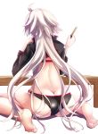  ahoge ass barefoot bikini butt_crack commentary_request fate/grand_order fate_(series) feet from_behind highres jeanne_d'arc_(alter_swimsuit_berserker) jeanne_d'arc_(fate)_(all) long_hair rikudou_inuhiko shrug_(clothing) sitting solo swimsuit very_long_hair wariza white_background white_hair 