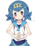  blue_eyes blue_hair blue_pants blue_sailor_collar blush collarbone flustered hairband hands_together head_tilt ixy jpeg_artifacts looking_at_viewer pants pokemon pokemon_(game) pokemon_sm sailor_collar shirt simple_background sleeveless sleeveless_shirt solo suiren_(pokemon) upper_body white_background white_shirt yellow_hairband 