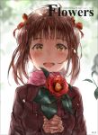  :d amami_haruka backlighting bloom blush brown_coat brown_hair camellia chan1moon coat copyright_name eyebrows_visible_through_hair flower hair_ribbon highres holding holding_flower idolmaster idolmaster_(classic) idolmaster_million_live! interlocked_fingers light_particles looking_at_viewer open_mouth pink_scarf red_flower red_ribbon ribbon scarf sidelocks smile solo upper_body yellow_eyes 