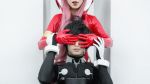  1boy 1girl bangs black_bodysuit black_hair blue_eyes bodysuit cosplay couple darling_in_the_franxx gloves hair_ornament hairband hetero hiro_(darling_in_the_franxx) hiro_(darling_in_the_franxx)_(cosplay) long_hair pilot_suit pink_hair red_bodysuit red_gloves white_gloves white_hairband zero_two_(darling_in_the_franxx) zero_two_(darling_in_the_franxx)_(cosplay) 