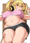  armpits artist_name ass bad_id bad_pixiv_id bare_arms bare_shoulders belly black_shorts blonde_hair blush breasts breasts_apart chestnut_mouth commentary covered_nipples cowboy_shot crop_top curvy eyebrows_visible_through_hair headphones highres large_breasts long_hair looking_at_viewer lying midriff moisture_(chichi) navel nitroplus no_bra on_back open_mouth orange_eyes outside_border pink_shirt plump puffy_nipples shiny shiny_clothes shiny_skin shirt short_shorts shorts signature skindentation solo super_pochaco thick_thighs thighs twintails wide_hips 
