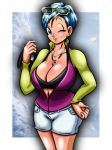  10s 1girl blue_eyes blue_hair breasts bulma cleavage curvy dragon_ball dragon_ball_super dragon_ball_super_broly hand_on_hip jacket jewelry large_breasts lips lipstick makeup milf open_clothes open_jacket shiny shiny_skin short_hair shorts smile standing sunglasses sunglasses_on_head thighs wink 