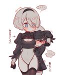  1girl black_legwear blue_eyes blush breasts check_translation cleavage_cutout covered_navel cowboy_shot eyebrows_visible_through_hair eyes_visible_through_hair feather-trimmed_sleeves gloves grey_hair hairband hn_(artist) juliet_sleeves leotard long_sleeves medium_breasts nier_(series) nier_automata no_blindfold puffy_sleeves short_hair simple_background speech_bubble thighhighs translation_request white_background white_leotard yorha_no._2_type_b yorha_no._9_type_s 