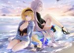  ;) bangs beach bikini black_bikini black_bow black_footwear black_gloves black_hairband black_jacket blue_innertube blue_jacket bow braid breasts brown_eyes cleavage closed_mouth cloud cloudy_sky drawstring eyebrows_visible_through_hair fate/grand_order fate_(series) floral_print front-tie_bikini front-tie_top gloves hair_between_eyes hair_bow hairband high_heels highres hood hood_down hooded_jacket horizon innertube jacket jeanne_d'arc_(alter_swimsuit_berserker) jeanne_d'arc_(fate)_(all) jeanne_d'arc_(swimsuit_archer) long_hair long_sleeves looking_at_viewer looking_back medium_breasts multiple_girls one_eye_closed outdoors print_innertube profile purple_eyes sand sena_tea29 shoes silver_hair single_braid sitting sky smile swimsuit very_long_hair water white_footwear yokozuwari 