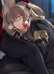  1girl armband bangs black_gloves black_legwear black_pants blush breasts brown_hair censored closed_mouth cum cum_on_body cum_on_upper_body ejaculation eyebrows_visible_through_hair fingerless_gloves girls_frontline gloves hair_between_eyes hair_ornament half-closed_eyes hand_on_another's_head handjob head_rest head_tilt hetero hood hood_down hooded_jacket indoors jacket long_hair looking_at_viewer mosaic_censoring night one_side_up open_clothes open_jacket open_shirt pants pantyhose penis pointless_censoring scar scar_across_eye shaded_face shirt sitting smile solo_focus tsuki_tokage ump45_(girls_frontline) white_gloves white_shirt window yellow_eyes 