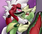  anthro azuraracon brown_eyes cum cum_in_ass cum_inside forced fur green_skin knot lycanroc male male/male midnight_lycanroc nintendo olive_(character) open_mouth orgasm penis pok&eacute;mon pok&eacute;mon_(species) purple_background red_eyes red_fur simple_background tears video_games 