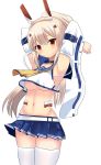  armpits arms_up ayanami_(azur_lane) azur_lane bangs blue_sailor_collar blue_skirt blush breasts closed_mouth commentary_request detached_sleeves eyebrows_visible_through_hair groin hair_between_eyes hair_ornament head_tilt headgear high_ponytail light_brown_hair long_hair long_sleeves looking_at_viewer midriff miniskirt navel neu_(frameice) pleated_skirt ponytail red_eyes remodel_(azur_lane) ribbon-trimmed_sleeves ribbon_trim sailor_collar school_uniform serafuku shirt simple_background skirt solo thighhighs underboob very_long_hair white_background white_legwear white_shirt wide_sleeves 