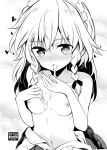  bangs blush braid breasts collarbone commentary_request cum cum_in_mouth cum_on_body cum_on_breasts cum_on_upper_body eyebrows_visible_through_hair greyscale hair_between_eyes hair_ribbon hand_on_own_chest hands_up heart heart-shaped_pupils izayoi_sakuya lace_trim long_hair looking_at_viewer maid_headdress maturiuta_sorato monochrome navel nipples nose_blush open_mouth ribbon shirt_pull small_breasts solo stomach symbol-shaped_pupils topless touhou twin_braids upper_body 