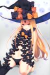  abigail_williams_(fate/grand_order) bangs black_bow black_hat black_panties blonde_hair blush bow closed_mouth commentary_request fate/grand_order fate_(series) hat hat_bow highres keyhole long_hair navel orange_bow panties parted_bangs print_bow red_eyes revealing_clothes ripi_ur sitting smile solo star star_print stuffed_animal stuffed_toy teddy_bear topless underwear very_long_hair witch_hat 