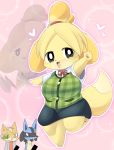  1girl 2boys bar_censor blonde_hair censored creatures_(company) crossover dog doubutsu_no_mori fox fox_mccloud furry game_freak gen_4_pokemon green_clothes green_skirt lucario multiple_boys nintendo novelty_censor pokemon shizue_(doubutsu_no_mori) short_hair skirt smile star_fox 