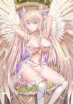  absurdres arms_up blonde_hair blue_eyes breasts cleavage crotch_plate feathers flower highres large_breasts long_hair navel original parted_lips revealing_clothes rinmmo see-through sitting thighhighs thighs very_long_hair white_legwear white_wings wings 