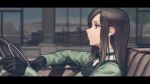  blurry brown_hair depth_of_field dorothy_(princess_principal) driving genso gloves letterboxed long_hair princess_principal profile solo steering_wheel 