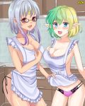  :d :o apron apron_lift black-framed_eyewear blonde_hair blue_eyes blush breasts cabinet circlet cleavage commentary_request counter elf glasses gradient_hair green_hair hair_between_eyes indoors kusunokinawate large_breasts long_hair multicolored_hair multiple_girls naked_apron official_art omc open_mouth panties pointy_ears purple_hair purple_panties short_hair sidelocks smile standing tan tile_wall tiles underwear 