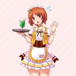  :o alternate_costume anglerfish apron bangs bear_hair_ornament blush boko_(girls_und_panzer) bow brown_eyes brown_hair coco's commentary cowboy_shot diagonal-striped_background diagonal_stripes drinking_straw emblem eyebrows_visible_through_hair flustered flying food frilled_apron frilled_skirt frilled_sleeves frills girls_und_panzer glass hair_ornament hand_up head_tilt highres holding ice_cream ice_cream_float jacket large_bow layered_skirt light_frown looking_at_viewer maid_headdress miniskirt name_tag nishizumi_miho open_mouth pink_background pink_bow puffy_short_sleeves puffy_sleeves shirt short_hair short_sleeves skirt sleeveless_jacket solo standing striped striped_background takapachi thigh_gap tray vest waist_apron waving white_apron white_shirt white_skirt wristband yellow_jacket 