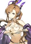  bangs bare_shoulders bikini bikini_pull blush braid breasts brown_eyes brown_hair choker cleavage collarbone commentary_request flower french_braid granblue_fantasy hair_flower hair_ornament hairband head_wings heart heart-shaped_boob_challenge heart-shaped_pupils heart_hands hips large_breasts long_hair looking_at_viewer navel one_breast_out sash sidelocks simple_background smile solo song_(granblue_fantasy) swimsuit symbol-shaped_pupils tooya_daisuke white_background white_bikini wrist_straps 