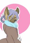  2016 ambiguous_gender anthro black_nose blue_hair brown_fur clothed clothing coat fur fur_markings hair half-closed_eyes hyena mammal markings multicolored_fur pink_background ponytail saku1saya simple_background sketchy smile solo spots tan_fur two_tone_background two_tone_fur white_background yellow_eyes 