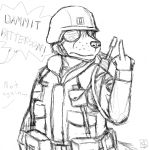  2018 anthro armor army big_breasts black_and_white breasts canine clothed clothing dialogue english_text female fox helmet kevlar mammal middle_finger monochrome peggy_patterson savagelyrandom soldier solo text uniform vest 