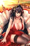 absurdres ahoge azur_lane bangs bare_shoulders black_hair black_legwear blush breasts choker cleavage cocktail_dress collarbone commentary dress eyebrows_visible_through_hair hair_between_eyes hair_ornament hair_ribbon highres large_breasts long_hair looking_at_viewer nez-kun parted_lips red_choker red_dress red_eyes red_ribbon ribbon signature smile solo taihou_(azur_lane) thighhighs tied_hair twintails very_long_hair 